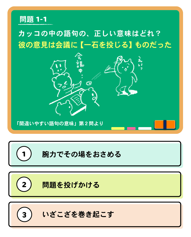 問題1-1　カッコの中の語句の、正しい意味はどれ？ 「彼の意見は会議に【一石を投じる】ものだった」　（１）問題を投げかける（２）腕力でその場をおさめる（３）いざこざを巻き起こす